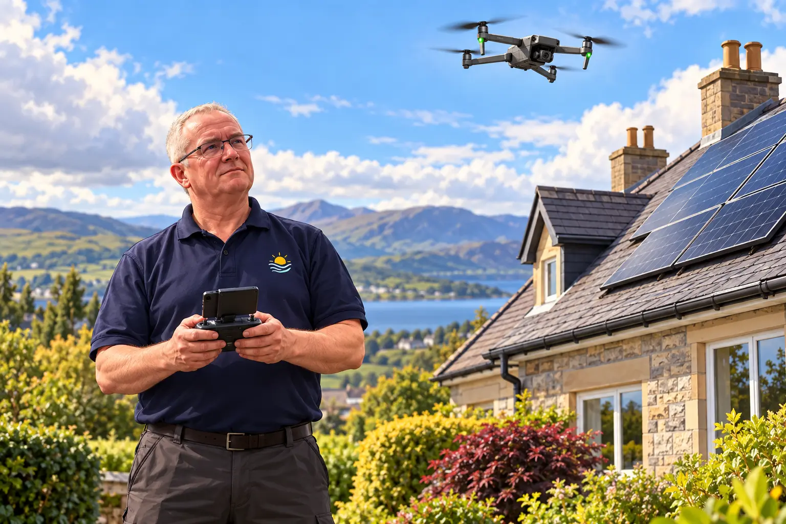 Illustration of Tom Kinnaird operating a drone while surveying a Scottish home's roof for solar