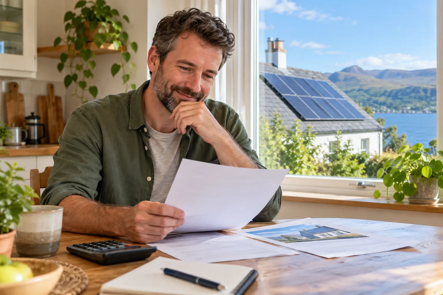 Illustrative homeowner reviewing solar paperwork